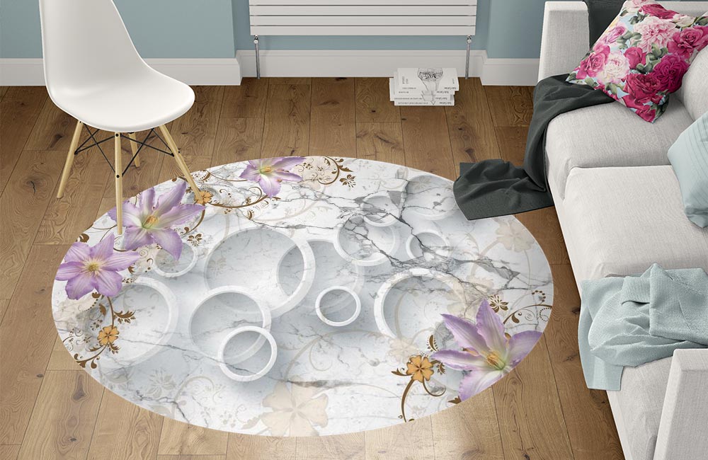3D Ковер «Лилии с объемными кругами на мраморе» Круглый 1
