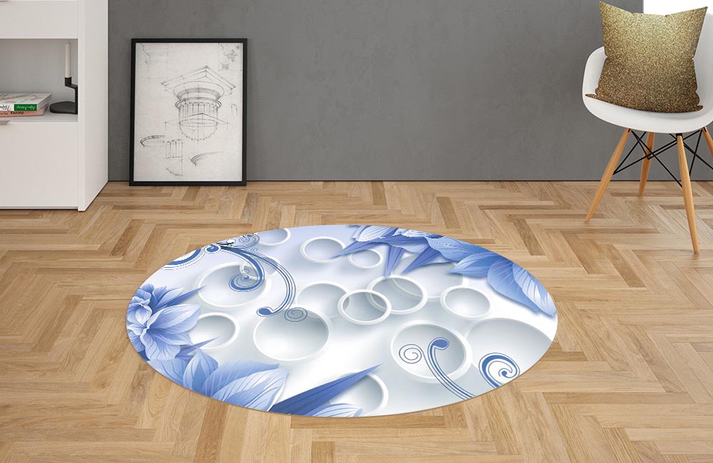 3D Ковер «Синие цветы на фоне с кругами» Овальный 2