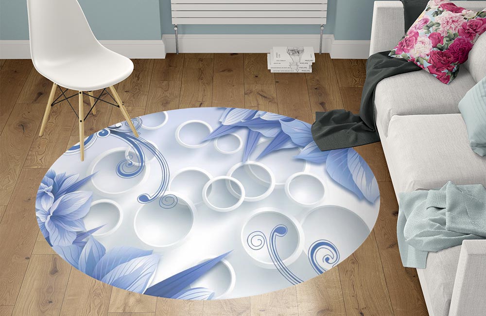 3D Ковер «Синие цветы на фоне с кругами» Круглый 1