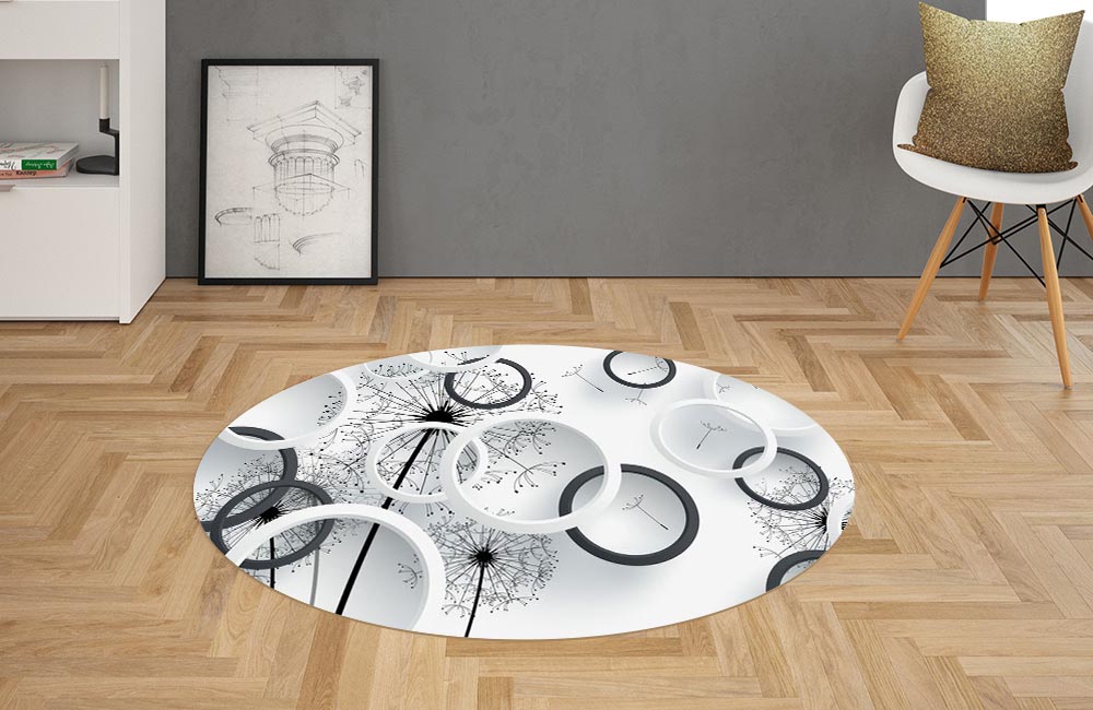 3D Ковер «Черно-белая объемная композиция с одуванчиками» Овальный 2