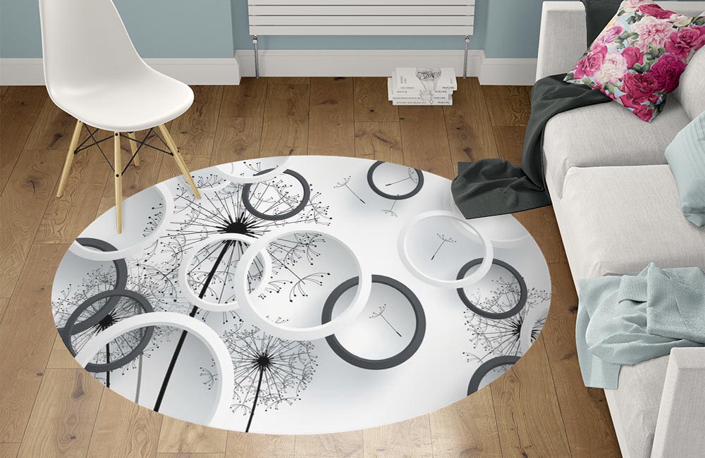 3D Ковер «Черно-белая объемная композиция с одуванчиками» Круглый 1