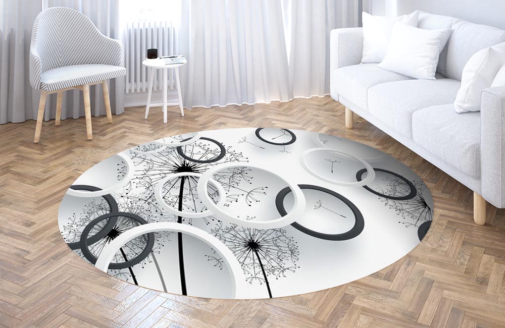 3D Ковер «Черно-белая объемная композиция с одуванчиками» Круглый 3