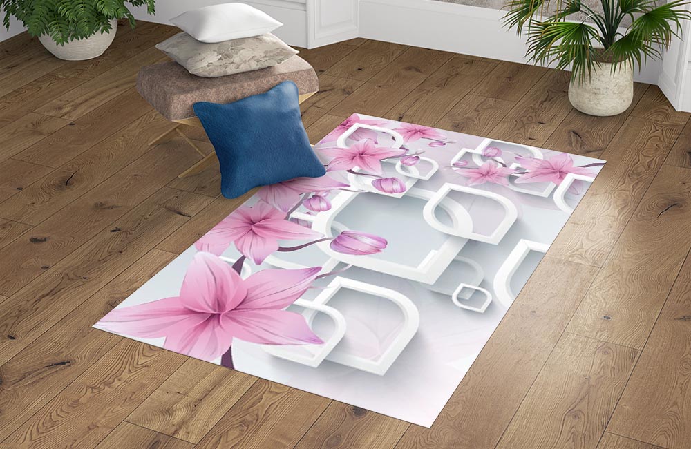 3D Ковер «Цветочные ветви в нежно-розовых тонах» Прямоугольный 4