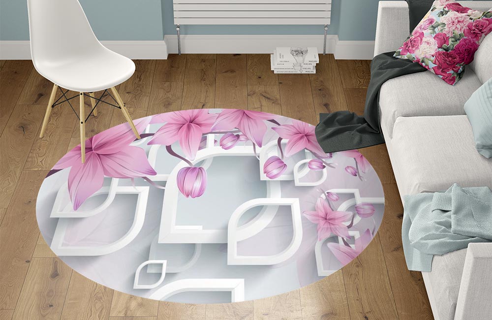 3D Ковер «Цветочные ветви в нежно-розовых тонах» Круглый 1