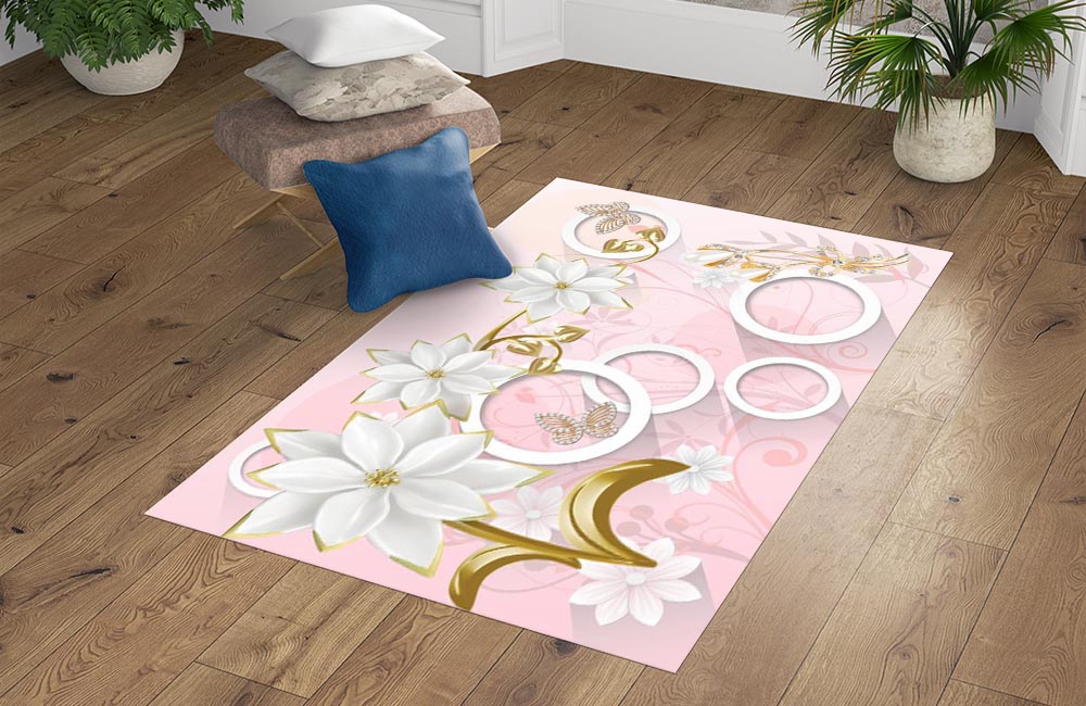 3D Ковер «Фарфоровые цветы с ювелирными цветами и бабочками» Прямоугольный 4