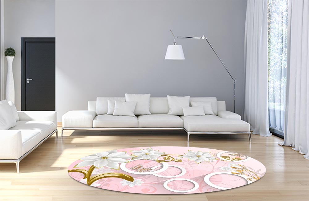 3D Ковер «Фарфоровые цветы с ювелирными цветами и бабочками» Круглый 4