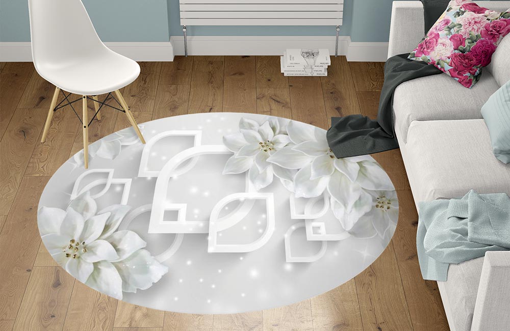 3D Ковер «Белоснежные фарфоровые цветы» Круглый 1