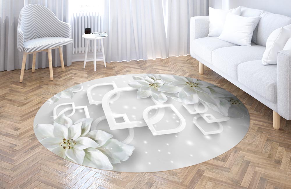 3D Ковер «Белоснежные фарфоровые цветы» Круглый 3