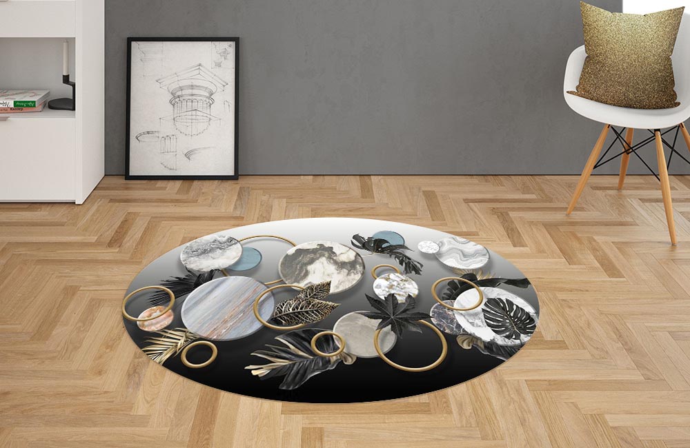 3D Ковер «Золотые листья с мраморными кругами» Овальный 2