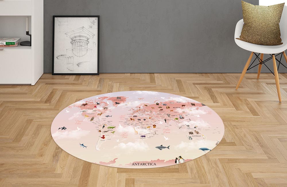 3D Ковер «Розовая карта с животными» Овальный 2
