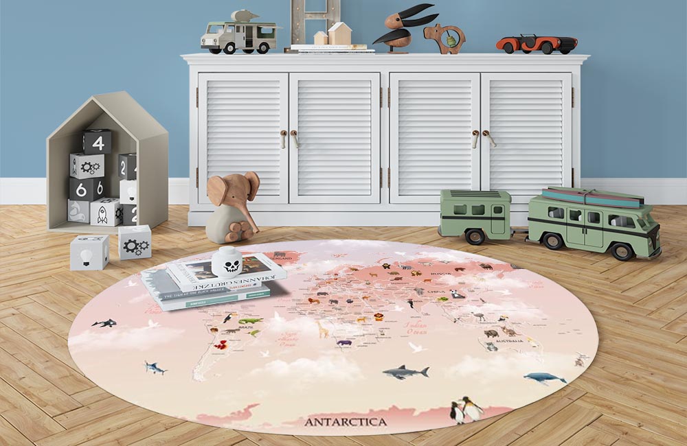 3D Ковер «Розовая карта с животными» Овальный 3
