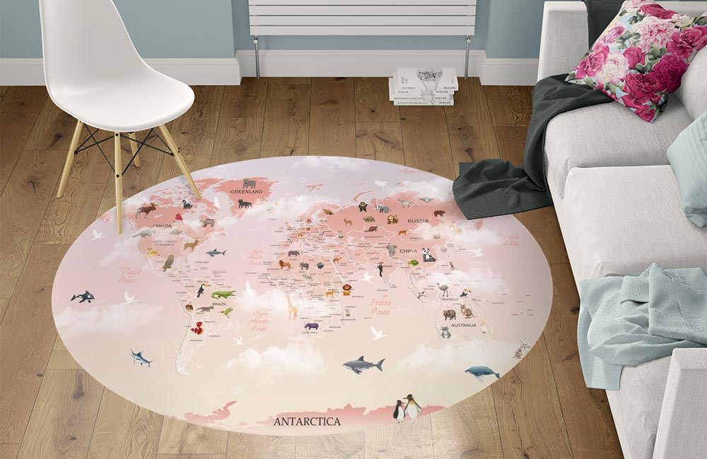 3D Ковер «Розовая карта с животными» Круглый 1