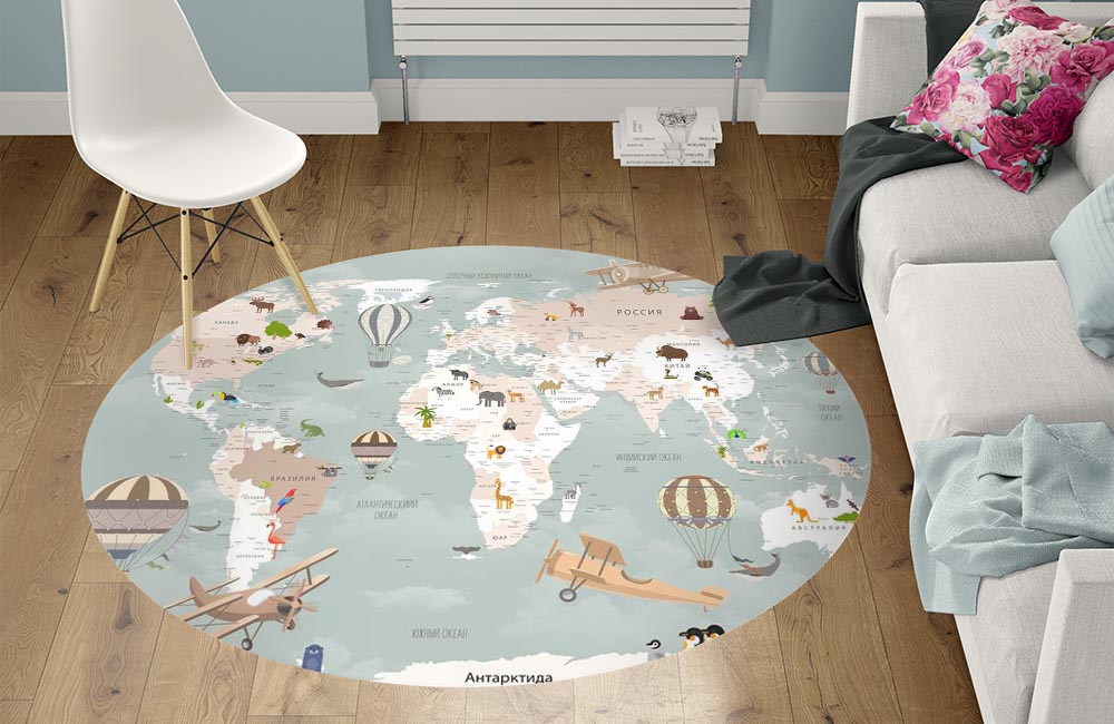 3D Ковер «Карта для детской с самолетами» Круглый 1