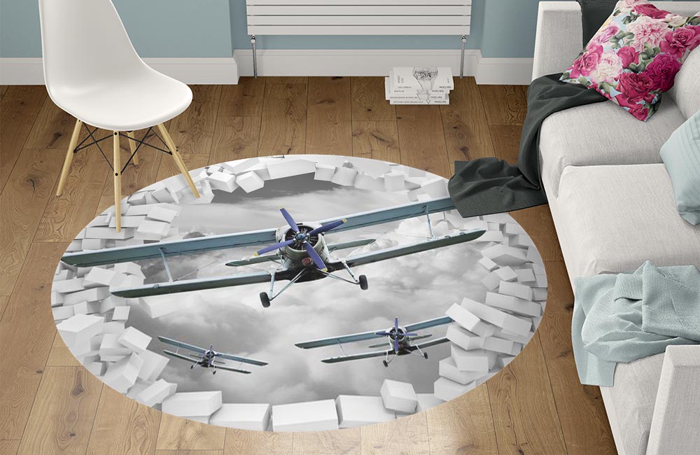 3D Ковер «Самолеты сквозь стену» Круглый 1