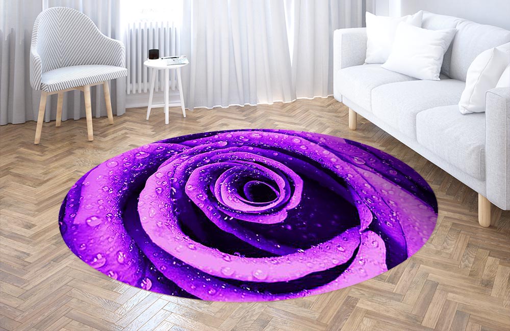 3D Ковер «Фиолетовая роза с каплями» Круглый 3