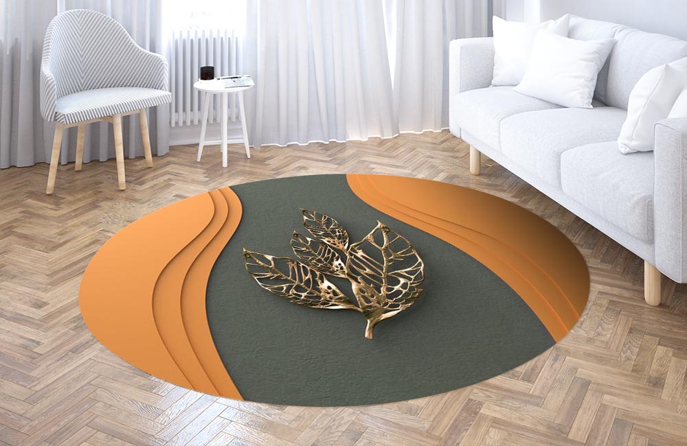 3D Ковер «Объемная стена с золотыми листьями» Круглый 3