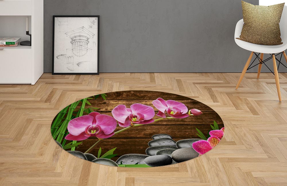 3D Ковер «Розовые орхидеи на камнях» Овальный 2