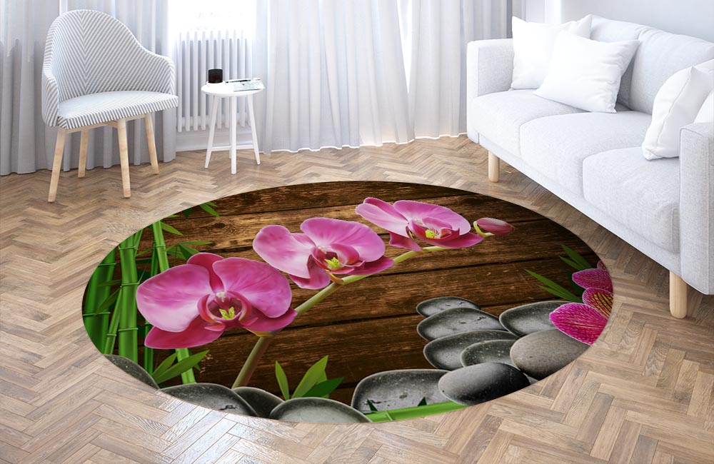 3D Ковер «Розовые орхидеи на камнях» Круглый 3