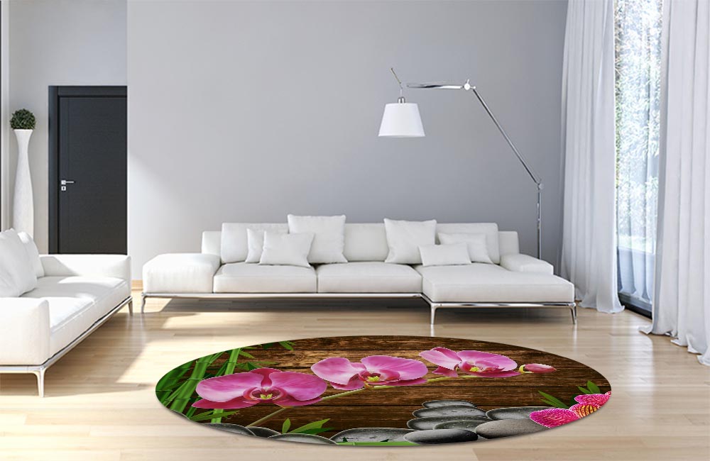 3D Ковер «Розовые орхидеи на камнях» Круглый 4