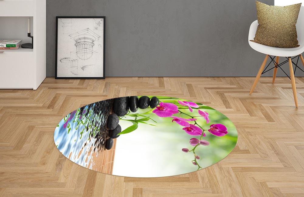 3D Ковер «Цветы орхидеи и черная галька» Овальный 2