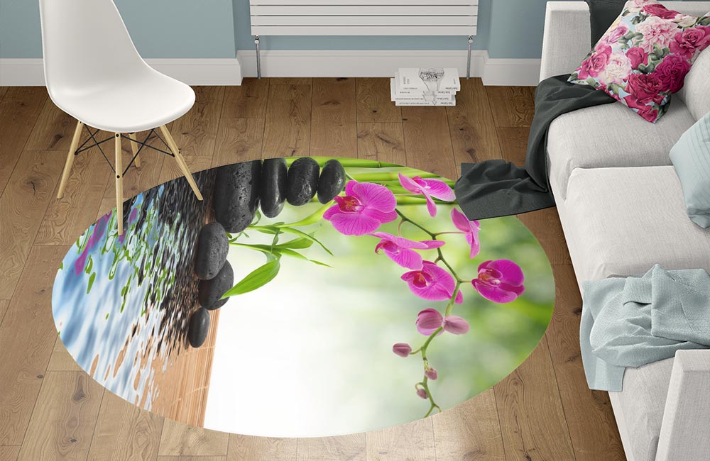 3D Ковер «Цветы орхидеи и черная галька» Круглый 1
