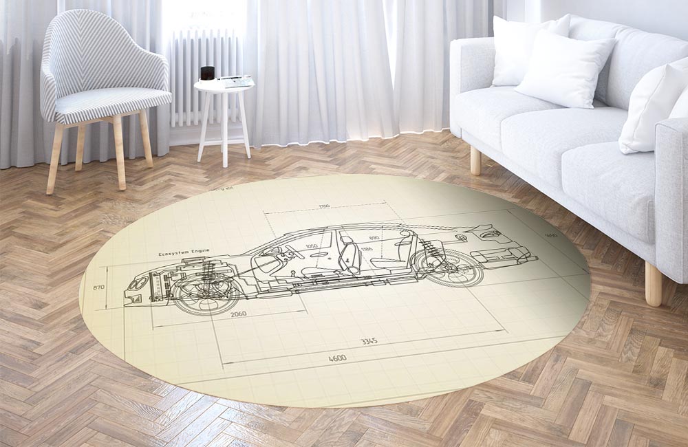 3D Ковер «Авто чертеж на светлом» Круглый 3