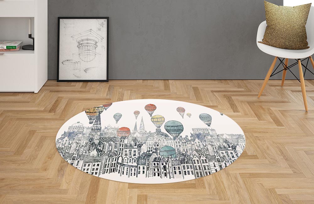 3D Ковер «Воздушные шары над городом акварель» Овальный 2