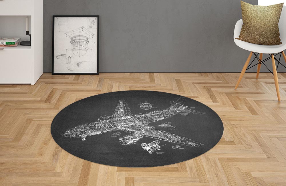 3D Ковер «Самолет чертеж на темном» Овальный 2