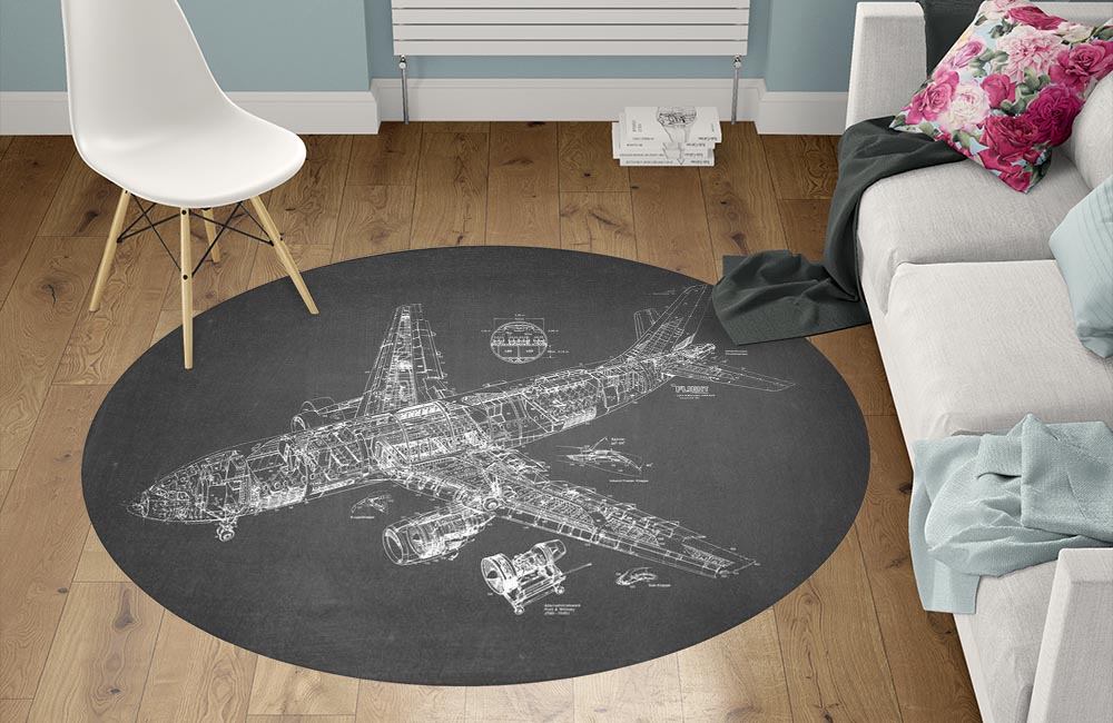 3D Ковер «Самолет чертеж на темном» Круглый 1