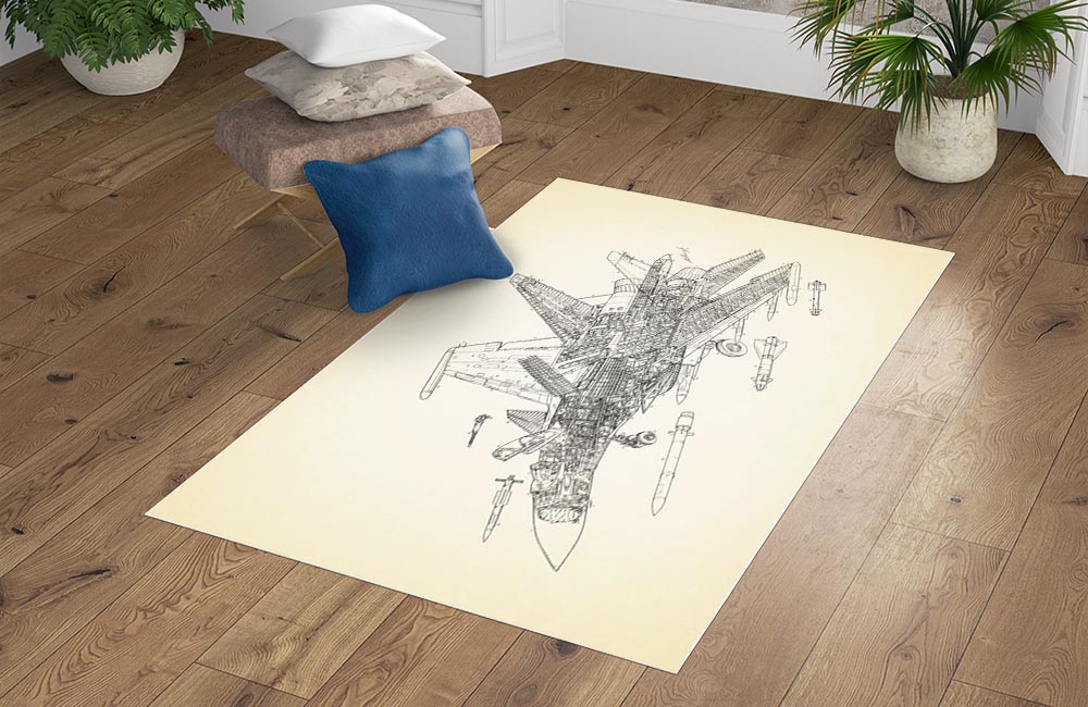 3D Ковер «Истребитель чертеж на светлом» Прямоугольный 4