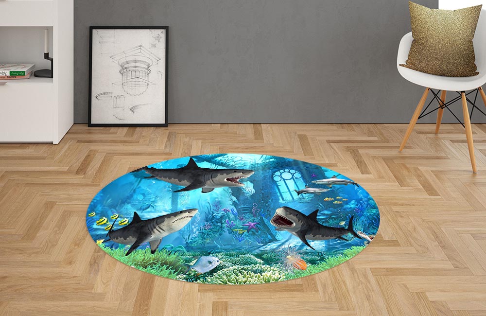 3D Ковер «Акулы в подводных развалинах»  Овальный 2