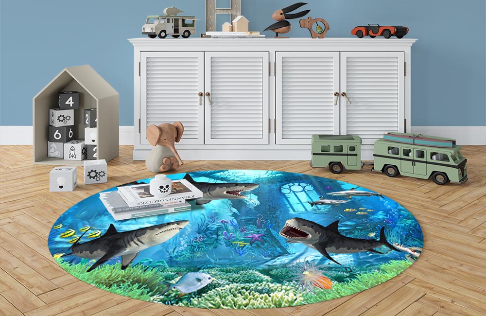 3D Ковер «Акулы в подводных развалинах»  Овальный 3