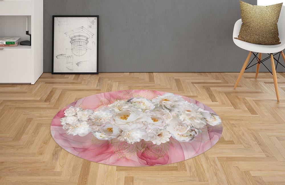 3D Ковер «Роскошные пионы на розовом мраморе» Овальный 2