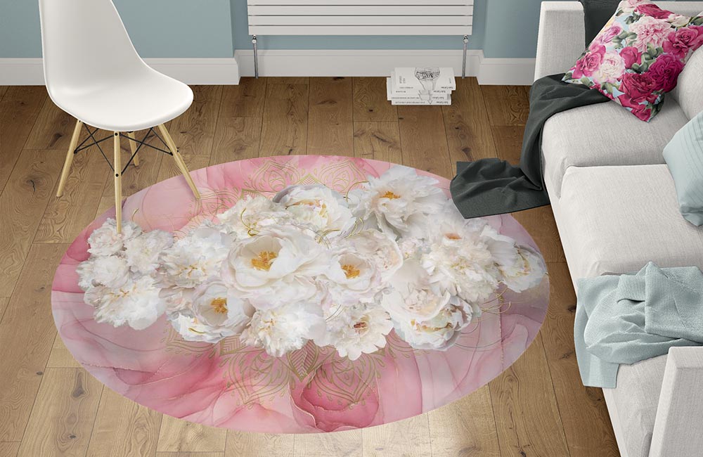 3D Ковер «Роскошные пионы на розовом мраморе» Круглый 1