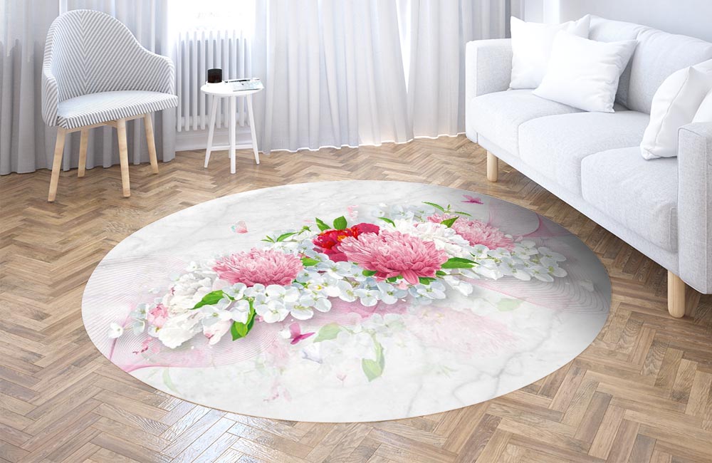 3D Ковер «Нежно-розовые хризантемы» Круглый 3
