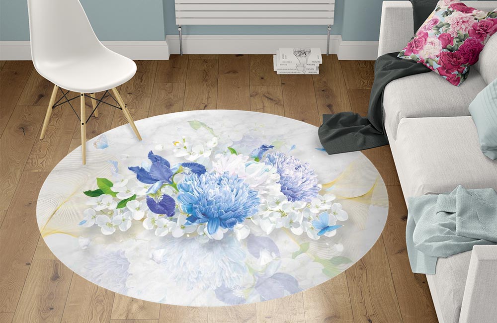 3D Ковер «Небесно-голубые цветы» Круглый 1