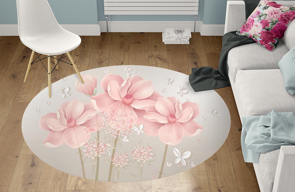 3D Ковер «Нежные цветы с объемными бабочками» Круглый 1