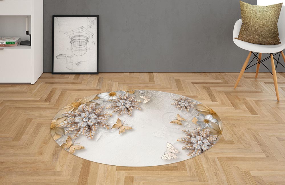 3D Ковер  «Объемные цветы со стразами и бабочками» Овальный 2