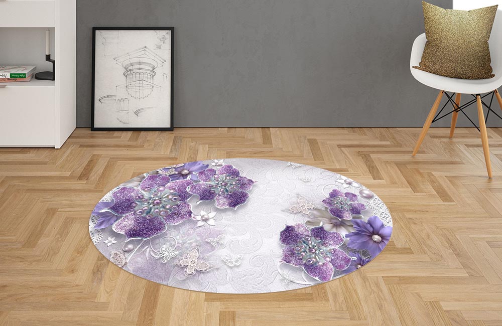 3D Ковер  «Ювелирные фиолетовые цветы»          Овальный 2