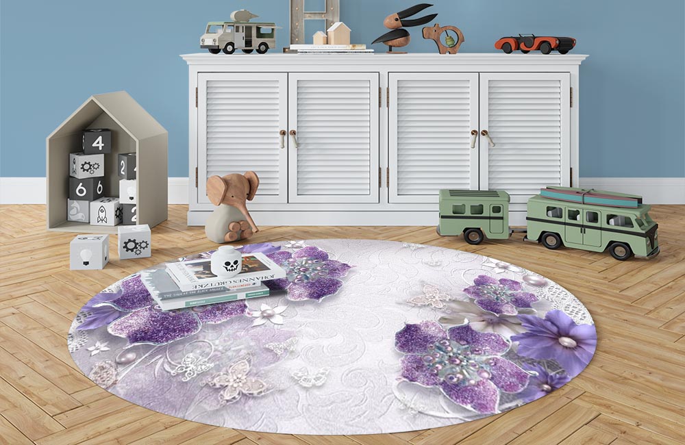 3D Ковер  «Ювелирные фиолетовые цветы»          Овальный 3