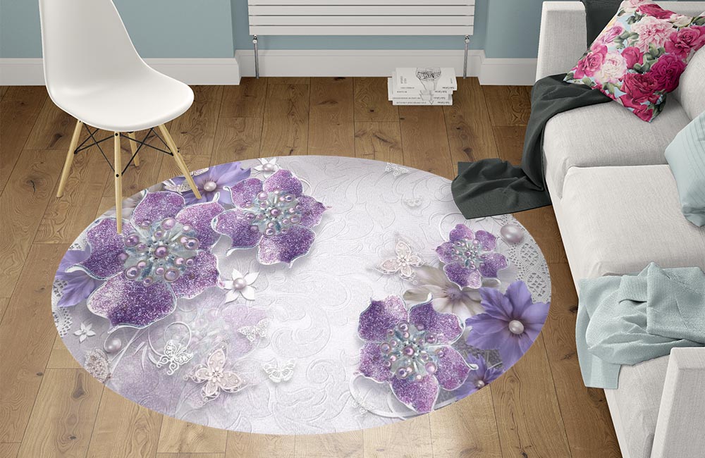 3D Ковер  «Ювелирные фиолетовые цветы»          Круглый 1