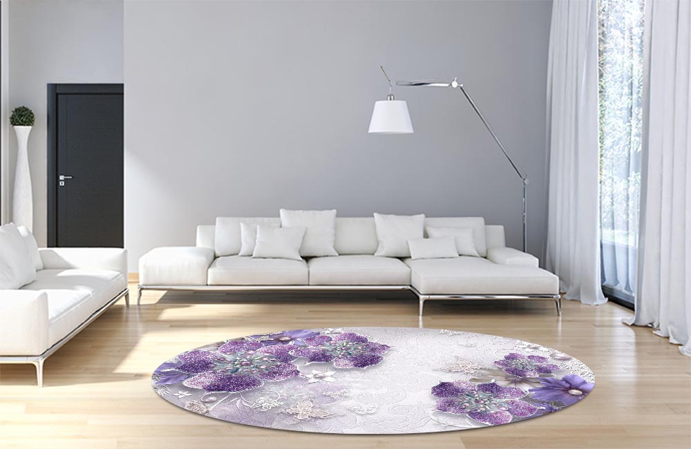 3D Ковер  «Ювелирные фиолетовые цветы»          Круглый 4