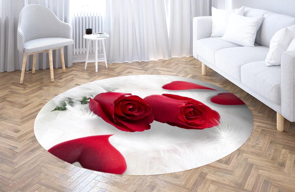 3D Ковер  «Красные розы в перьях»        Круглый 3