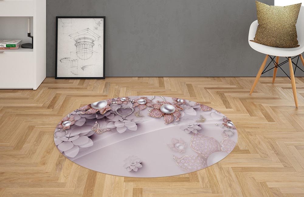 3D Ковер  «Драгоценные цветы с жемчугом»         Овальный 2