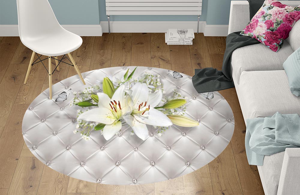 3D Ковер  «Лилии с бабочками на роскошной коже»       Круглый 1