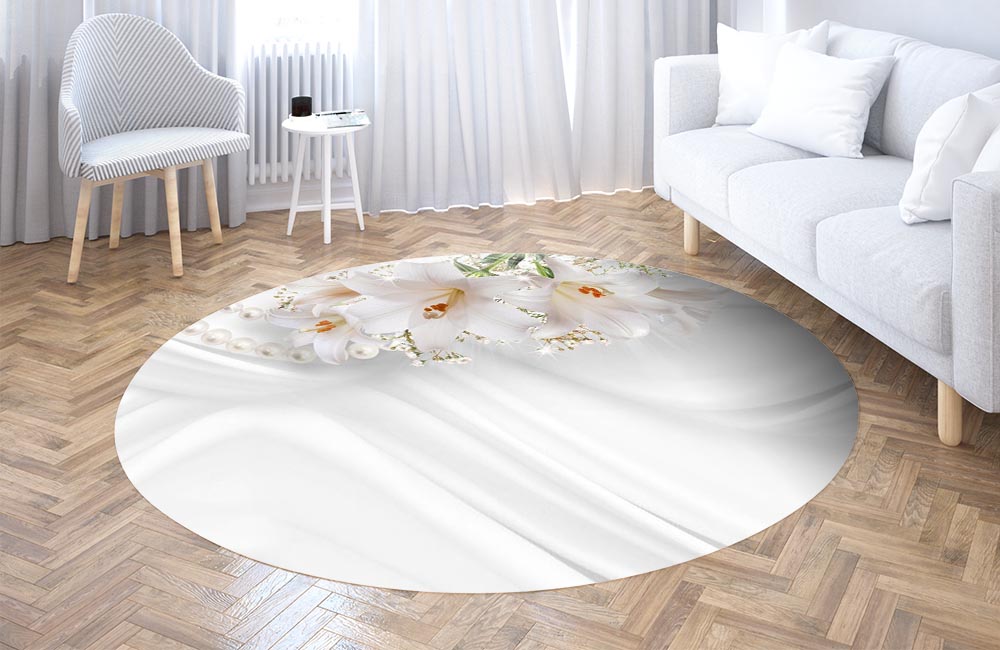 3D Ковер  «Лилии на нежном белом шелке»       Круглый 3