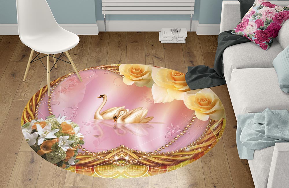 3D Ковер  «Пара лебедей в розовом пруду»        Круглый 1