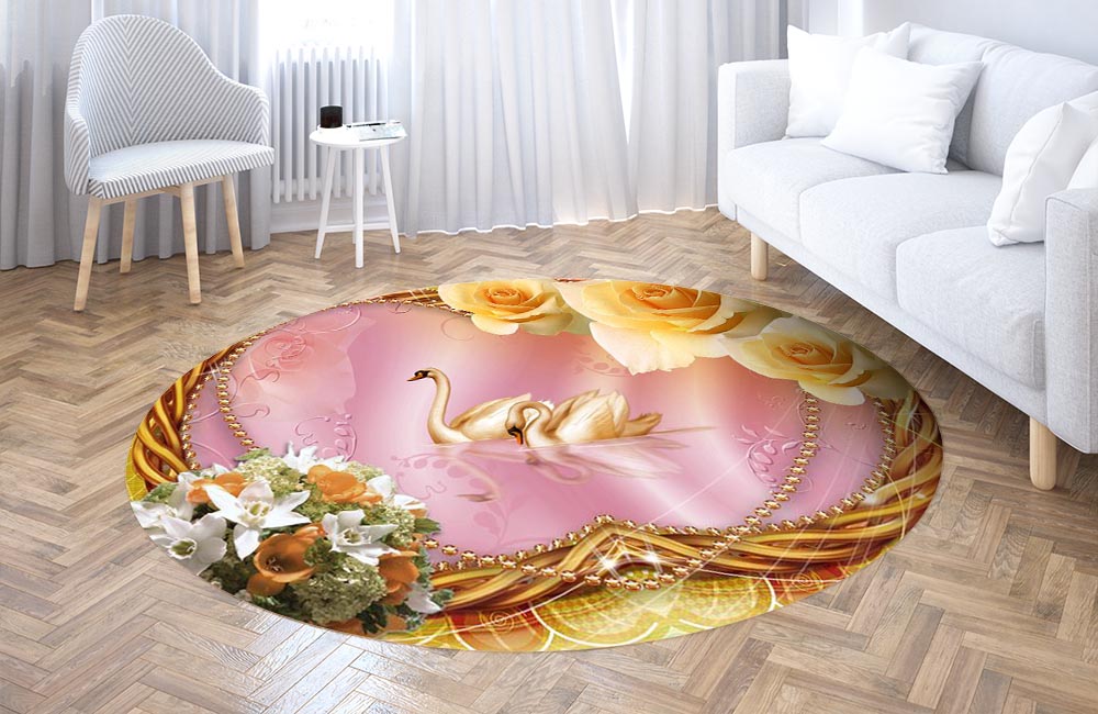 3D Ковер  «Пара лебедей в розовом пруду»        Круглый 3