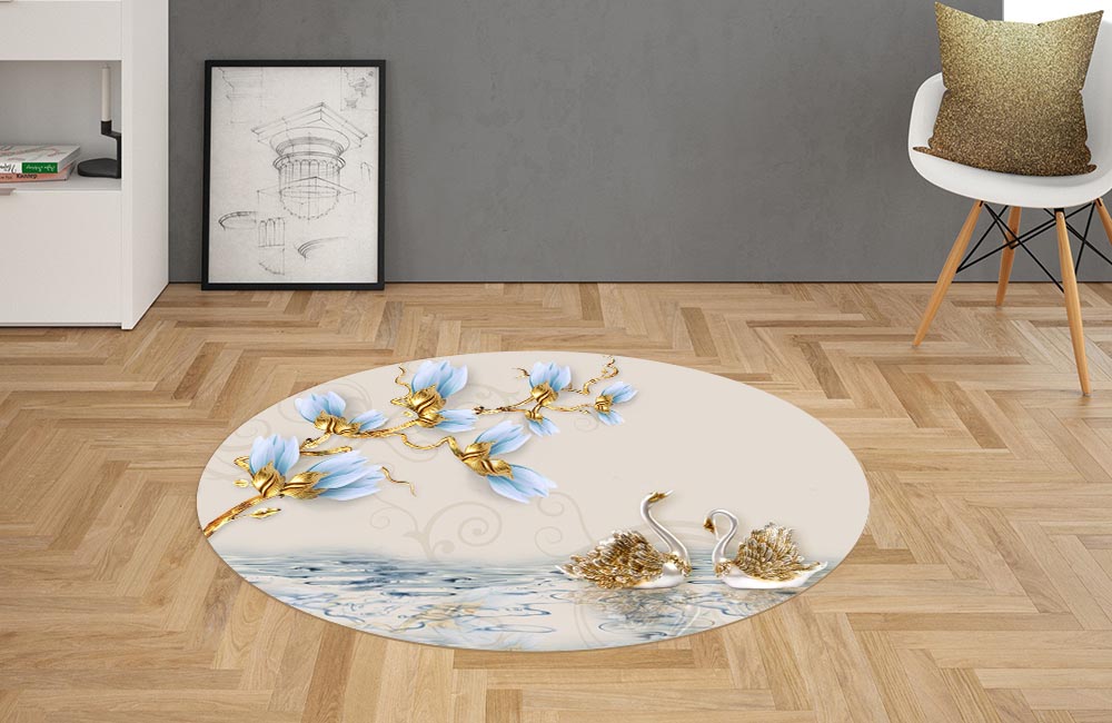 3D Ковер  «Голубые цветы и драгоценные лебеди»        Овальный 2