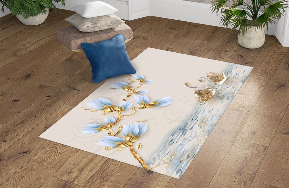 3D Ковер  «Голубые цветы и драгоценные лебеди»        Прямоугольный 4
